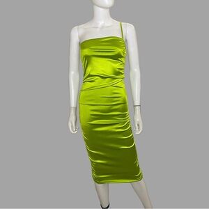 Lime‎ Green Ruched One Shoulder Satin Midi Dress